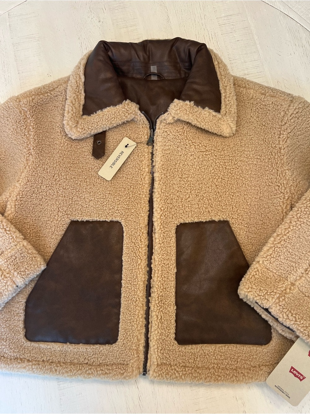 Levi's Tan Sherpa Bomber Jacket with Brown Trim - Picture 2 of 11